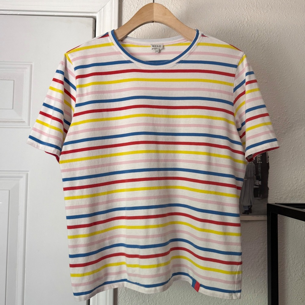 KULE white multicolor striped crew neck cotton boxy cropped tee t-shirt